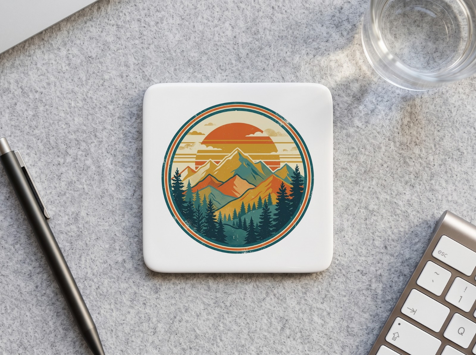 Square White Coaster on a Felt Desk Mat showing a retro mountain sunset badge