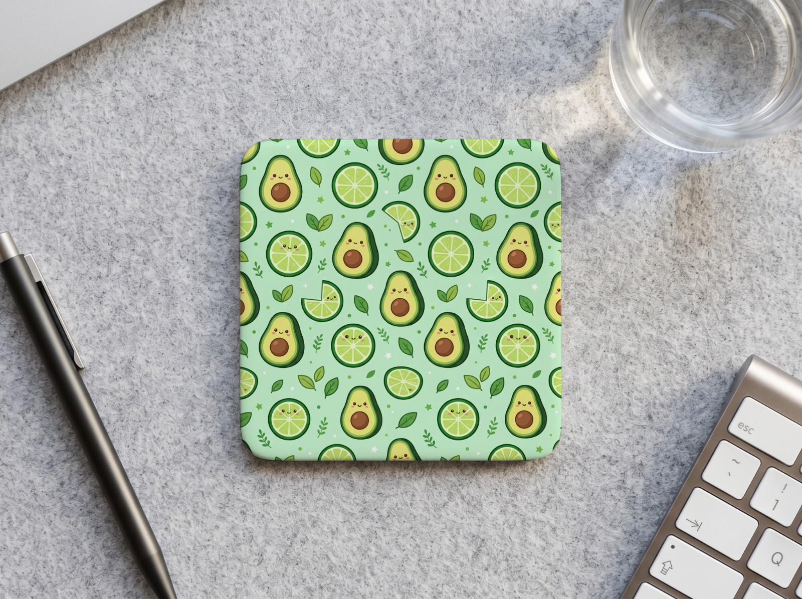 Square White Coaster on a Felt Desk Mat showing a cute avocado pattern