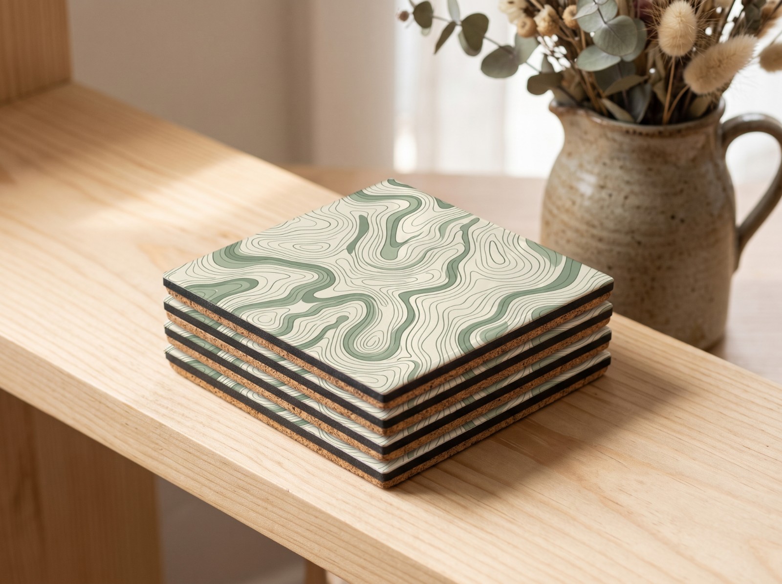 Stack of Square White Coasters Mockup on an Oak Shelf example