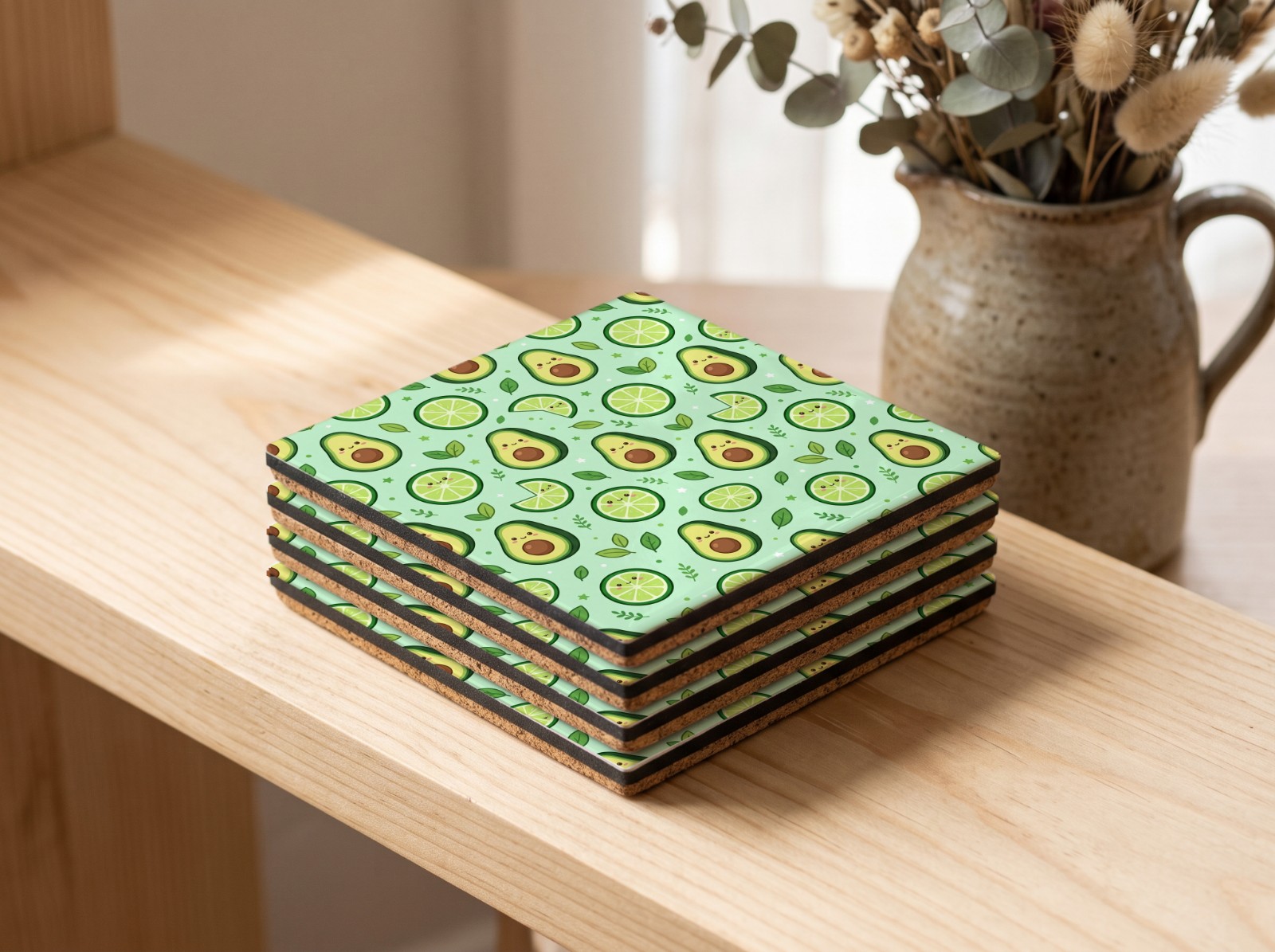 Stack of Square White Coasters on an Oak Shelf showing a cute avocado pattern