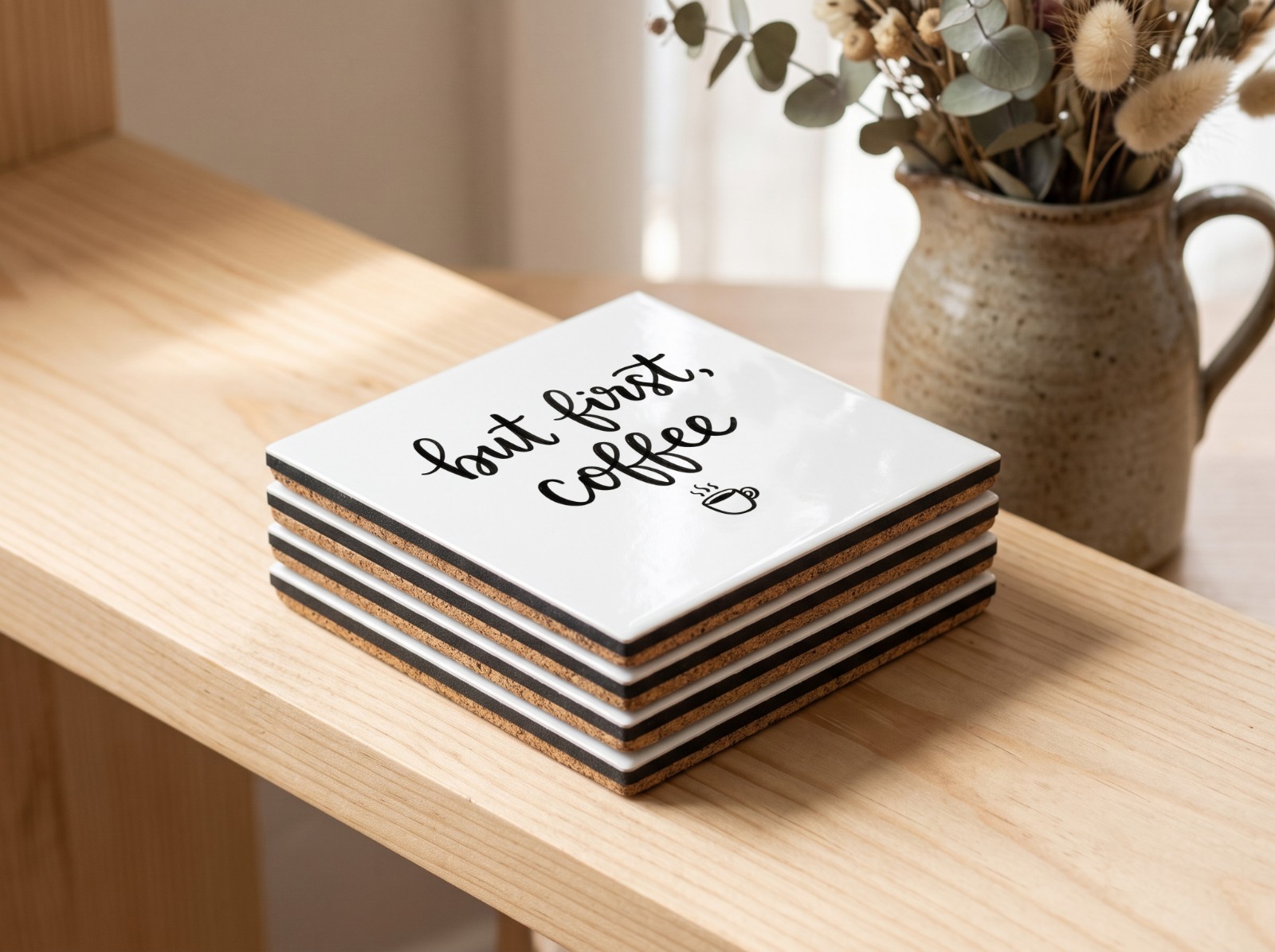Stack of Square White Coasters on an Oak Shelf showing a But First Coffee lettering design