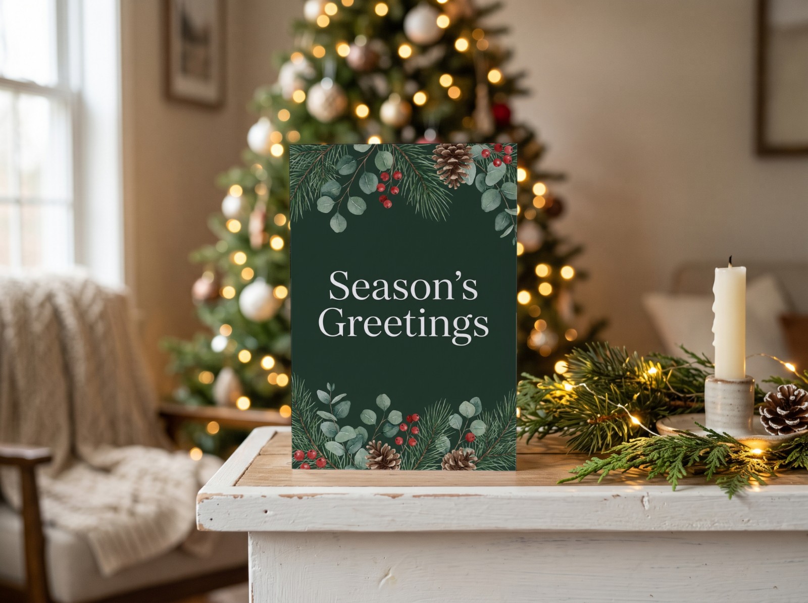 Standing Christmas Card Mockup on a White Mantel with Tree Lights example