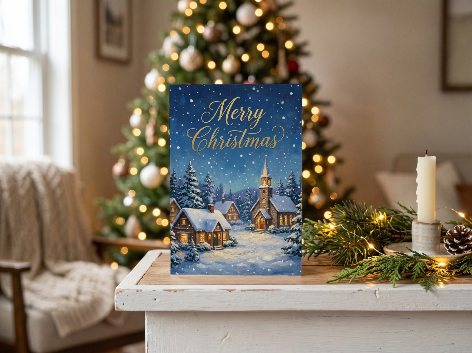Standing Christmas Card on a White Mantel with Tree Lights showing a snowy village Merry Christmas card design