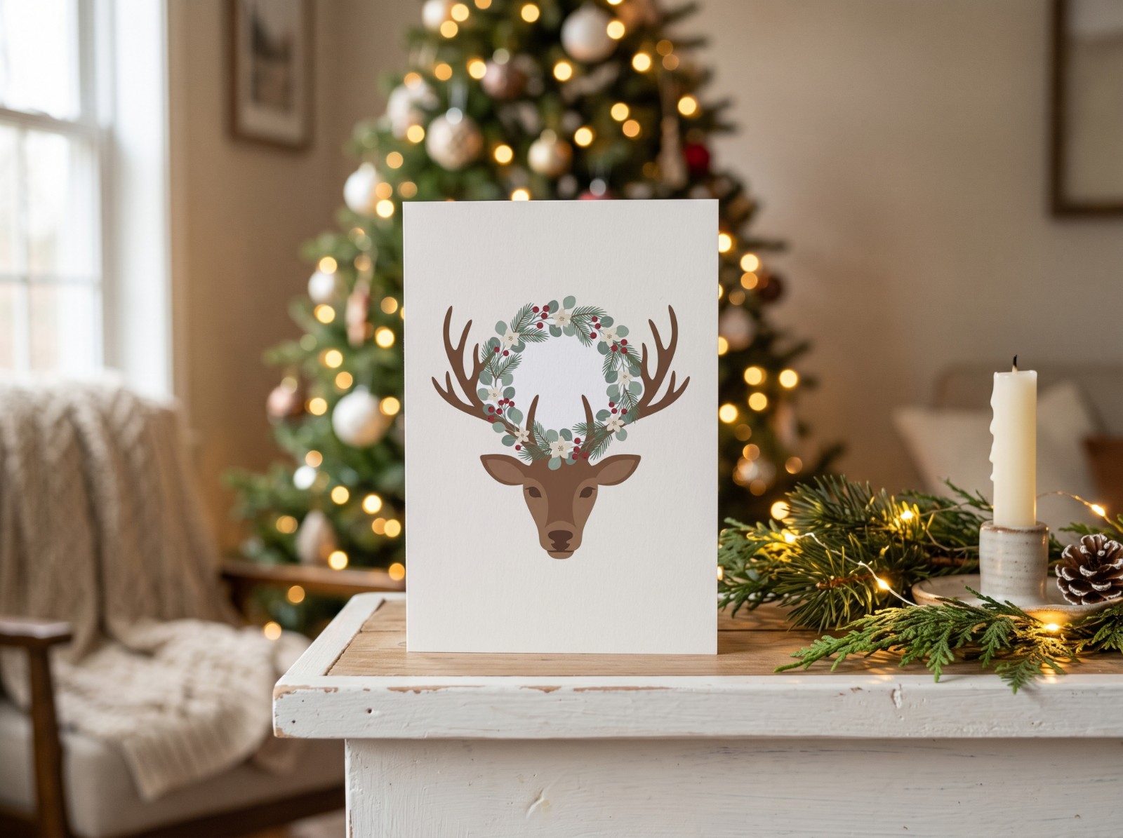 Standing Christmas Card on a White Mantel with Tree Lights showing a watercolour reindeer with a winter wreath