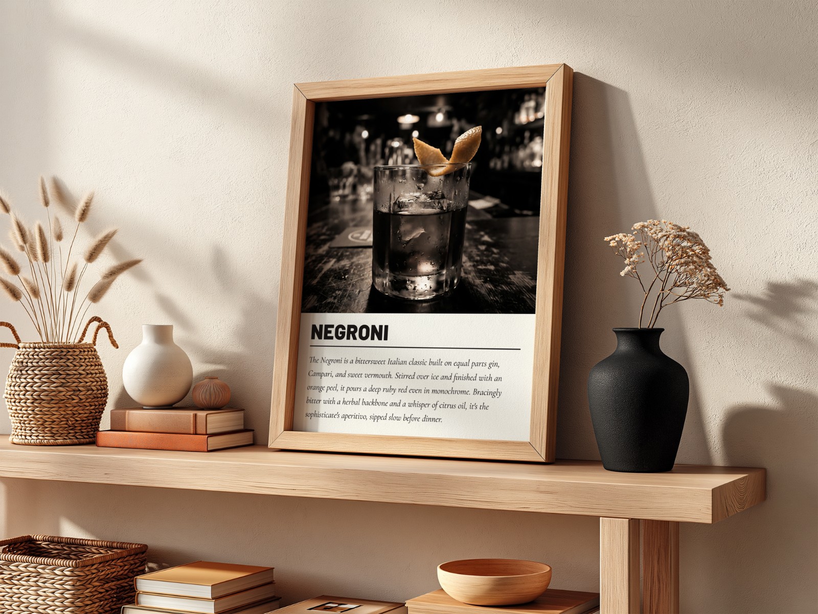 Thick Oak Frame on Console Shelf showing a Negroni cocktail print