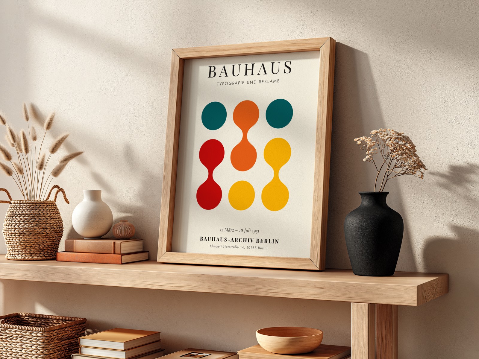 Thick Oak Frame on Console Shelf showing a Bauhaus circles print
