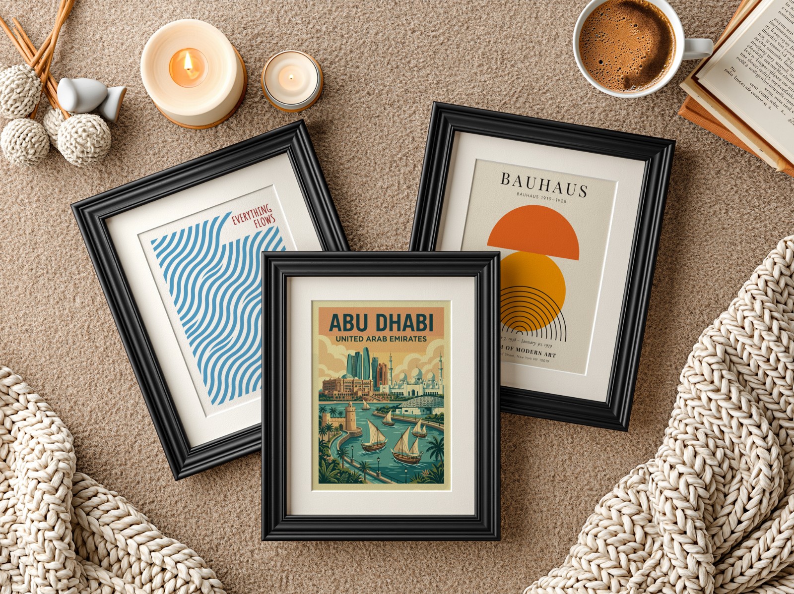 Three Black Frames with Mats on Knit Blanket showing an Abu Dhabi travel poster, a Bauhaus sun print and 1 more design