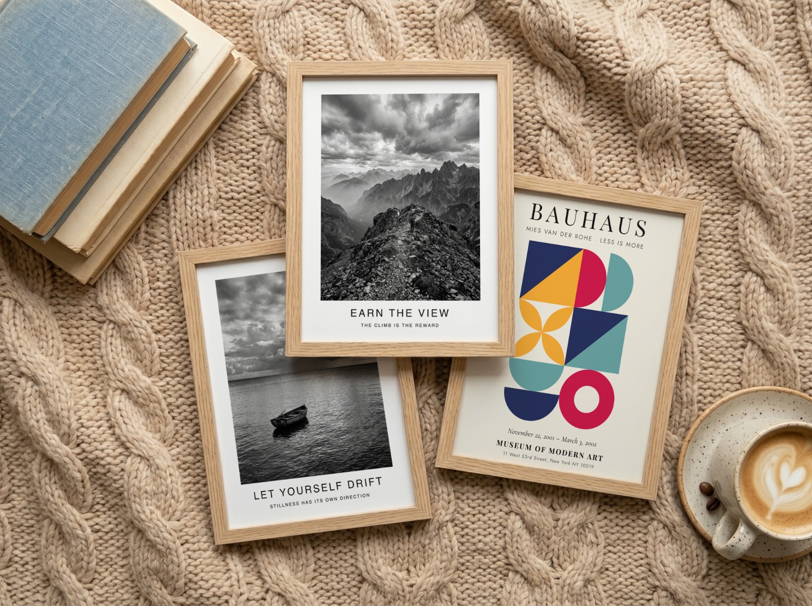 Three Oak Frames on Cable Knit Blanket showing a black and white mountain print, a black and white seascape print and 1 more design