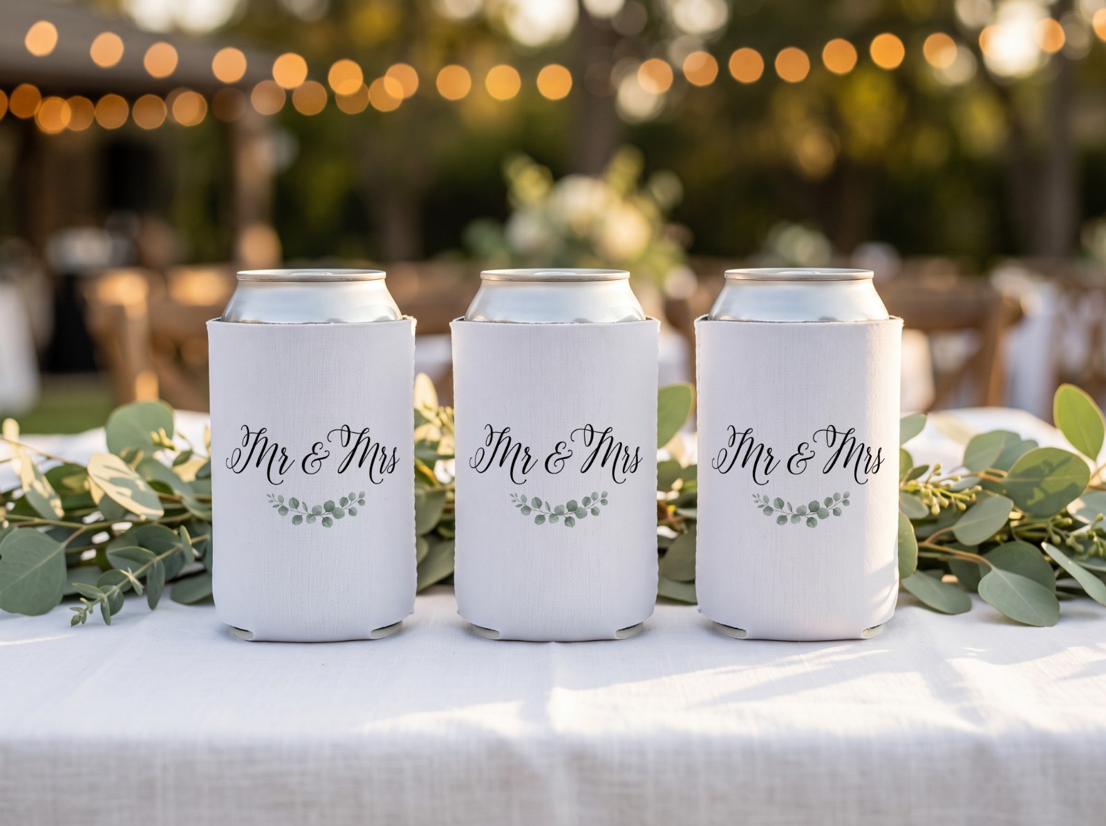 Three White Can Coolers Mockup on a Wedding Table example