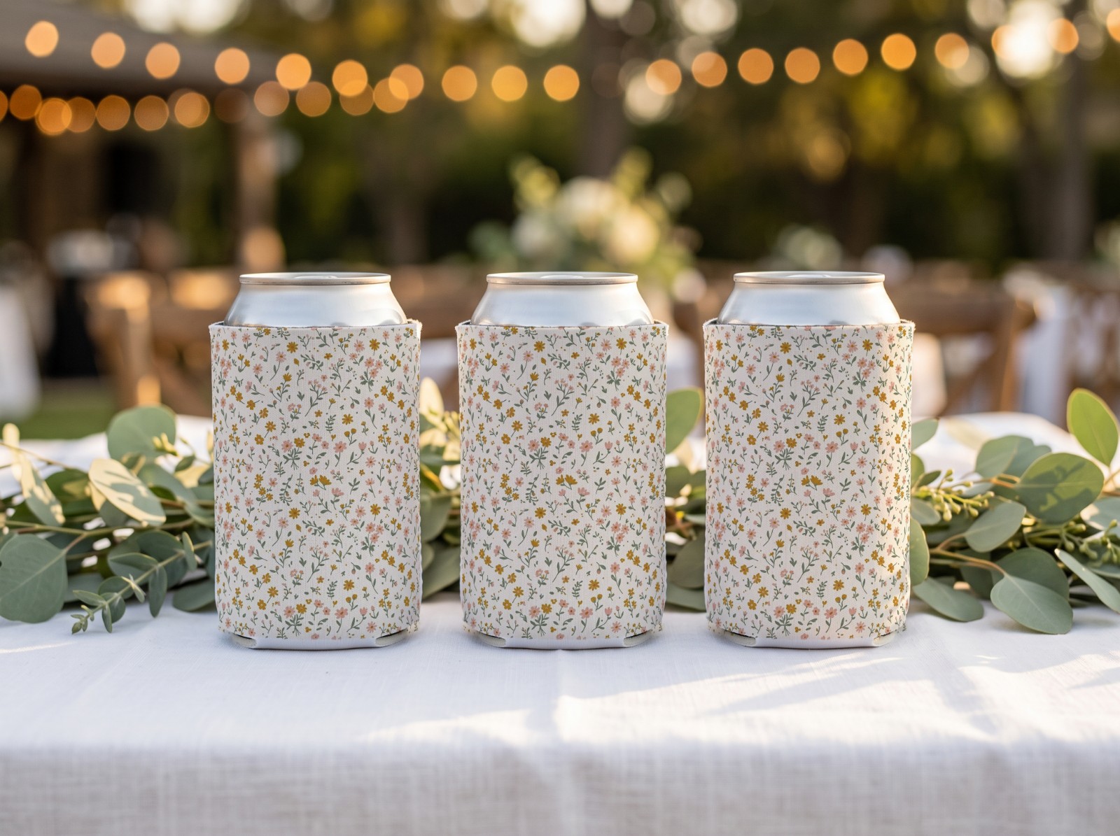 Three White Can Coolers on a Wedding Table showing a ditsy wildflower pattern