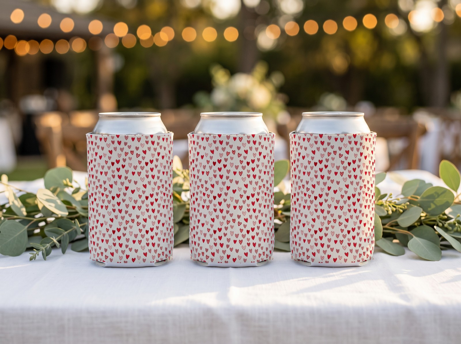 Three White Can Coolers on a Wedding Table showing a Valentine hearts pattern