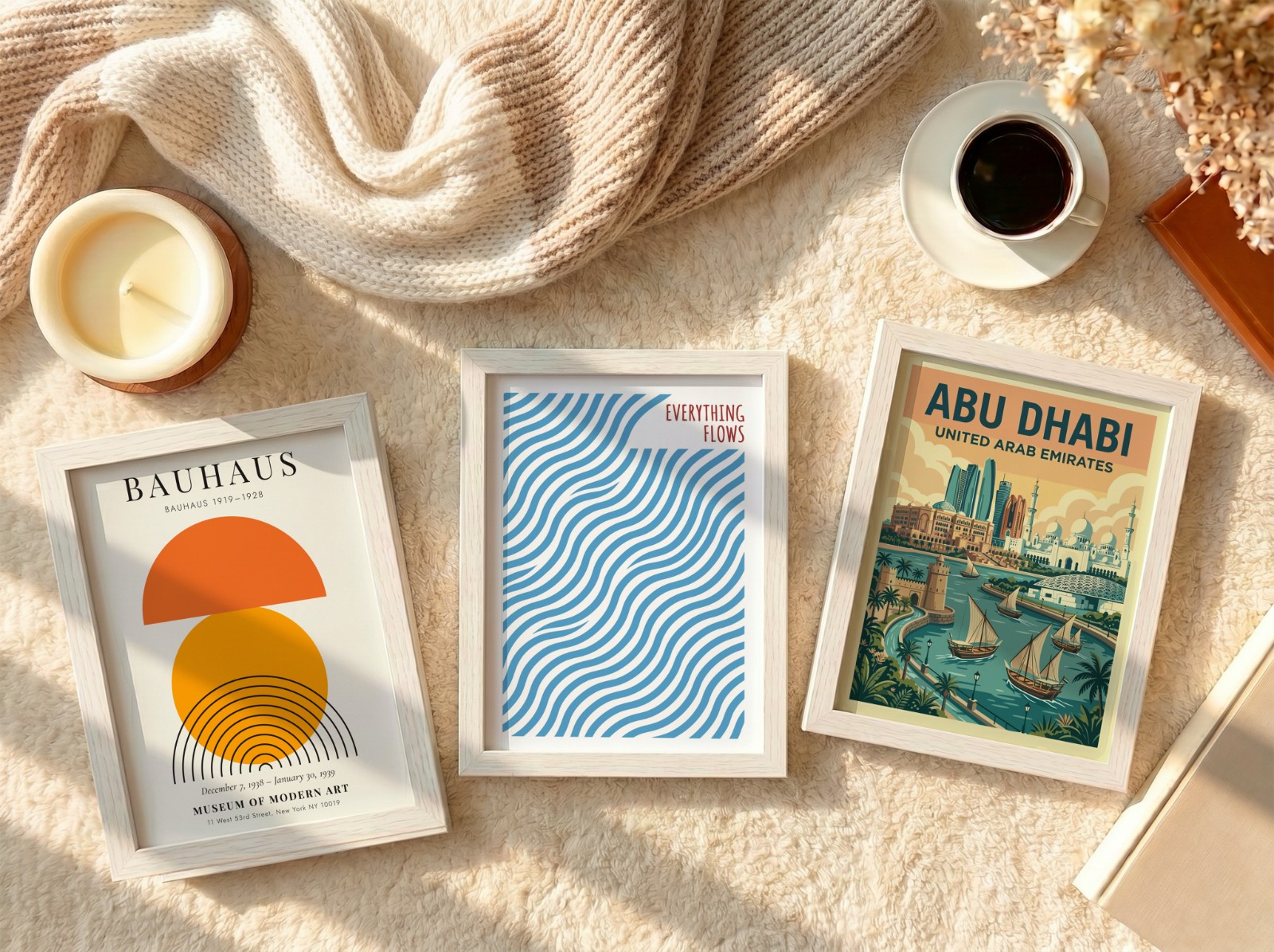 Three White Frames Flat Lay on Cream Rug showing an Abu Dhabi travel poster, a Bauhaus sun print and 1 more design