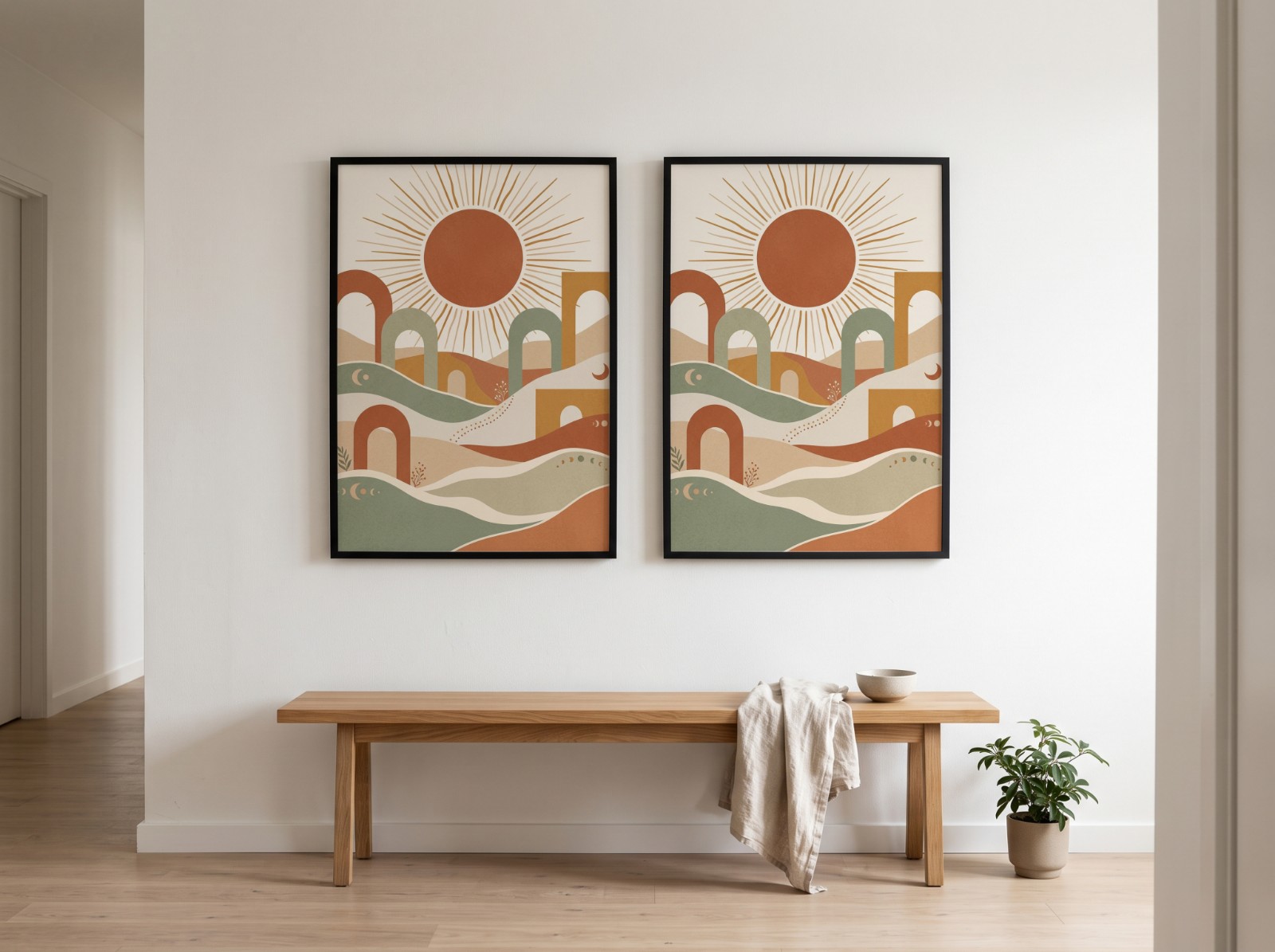 Two Black Frames Mockup on a White Hallway Wall above a Bench example
