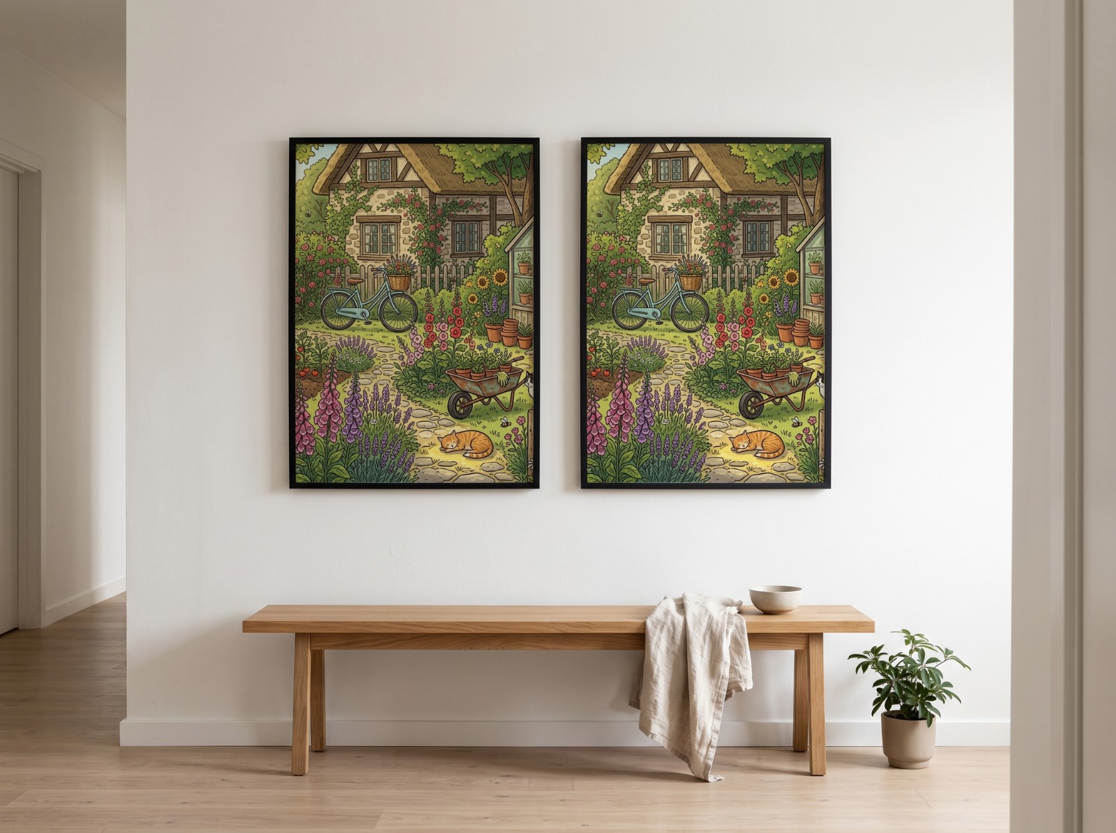 Two Black Frames on a White Hallway Wall above a Bench showing a cottage garden illustration