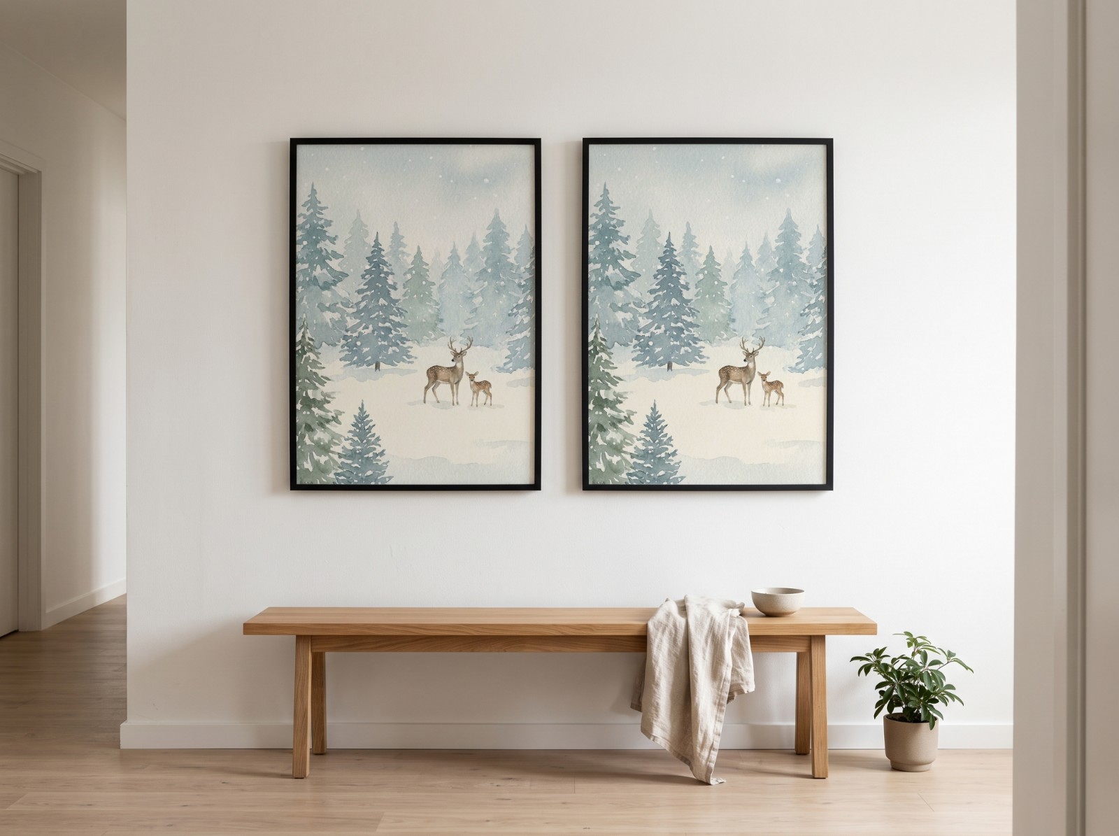 Two Black Frames on a White Hallway Wall above a Bench showing a winter forest painting