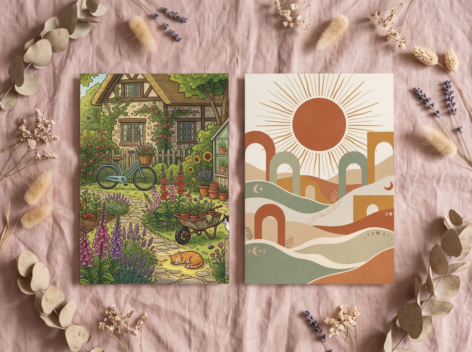 Two White Art Prints Mockup Flat Lay on Pink Linen with Dried Flowers example