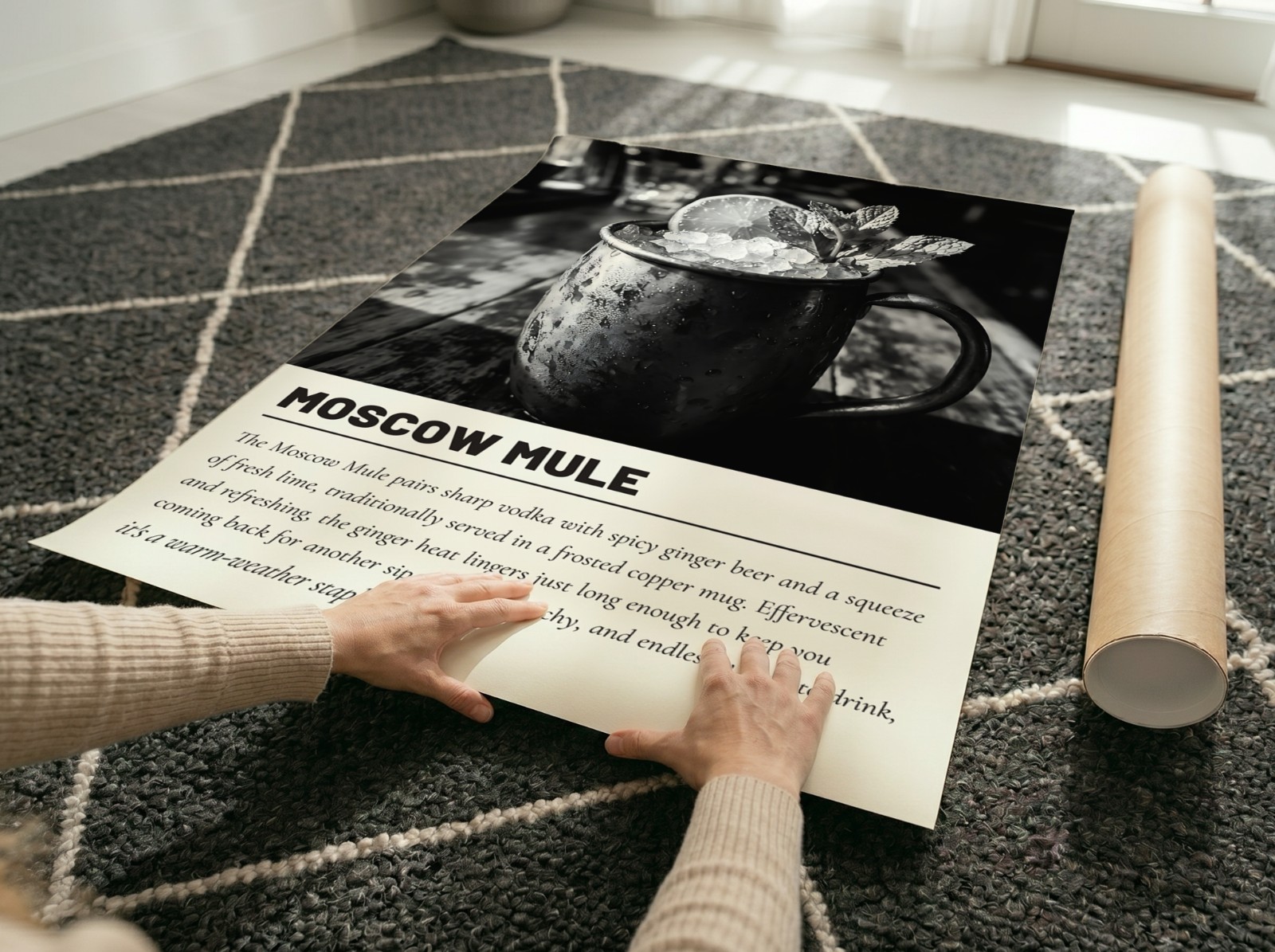 Unframed Poster Unrolling on Patterned Rug showing a Moscow Mule cocktail print