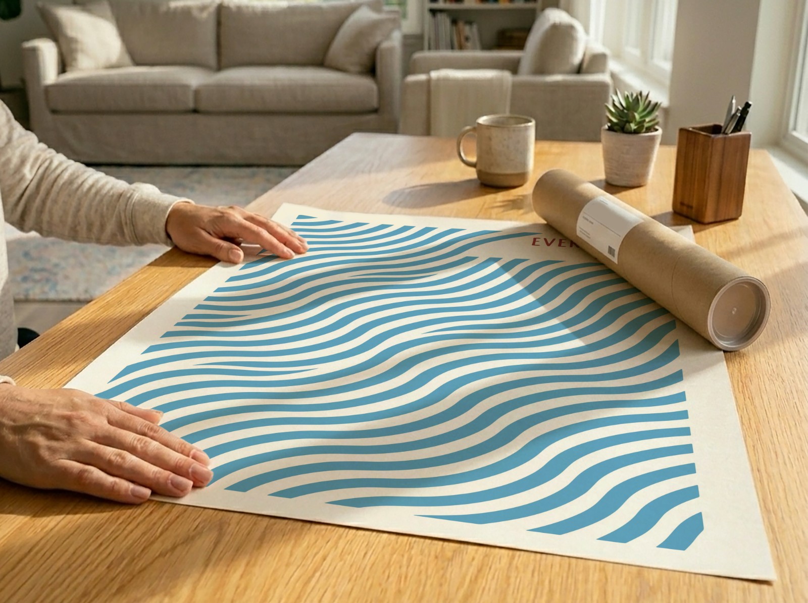 Unframed Poster Unrolled on Wooden Table showing an Everything Flows wave print