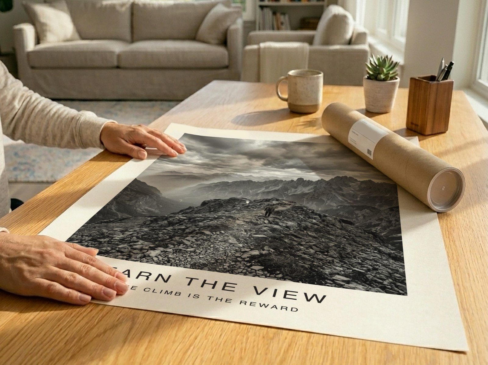 Unframed Poster Unrolled on Wooden Table showing a black and white mountain print