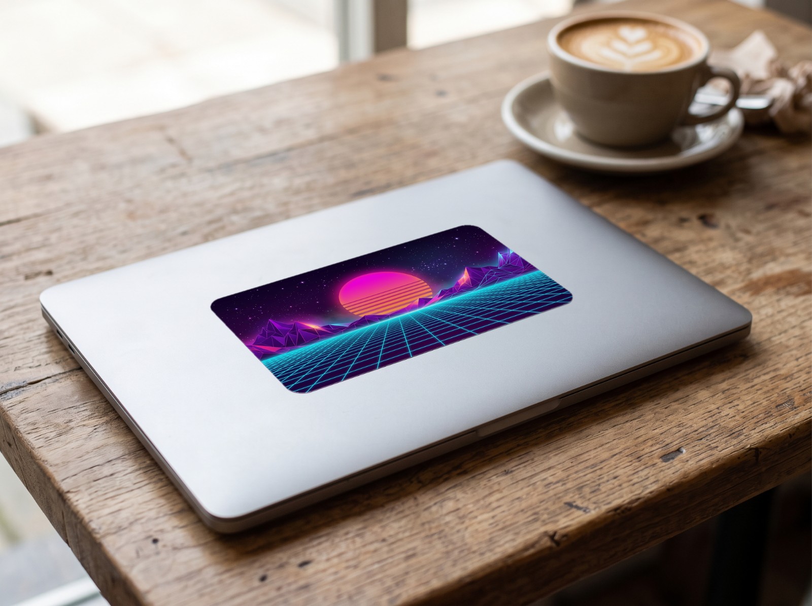 Vinyl Sticker on a Laptop Lid in a Cafe showing a neon synthwave landscape