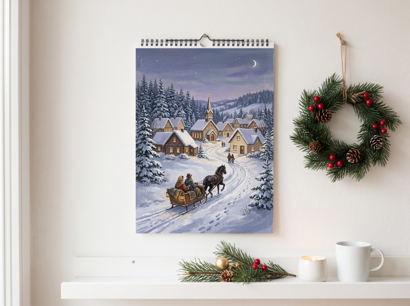 Wall Calendar Christmas Mockup on a White Wall with a Pine Wreath example