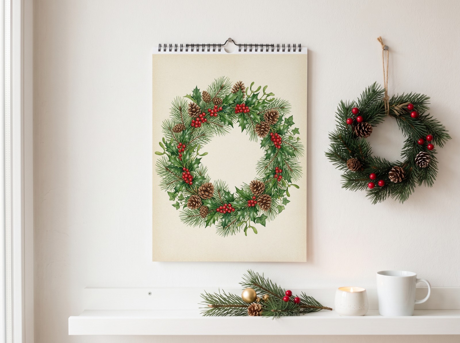 Wall Calendar Christmas on a White Wall with a Pine Wreath showing a watercolour Christmas wreath print