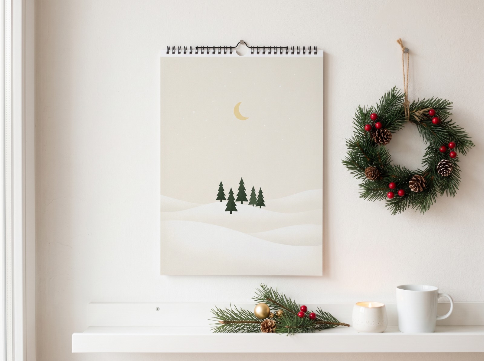 Wall Calendar Christmas on a White Wall with a Pine Wreath showing a minimal Nordic pine tree print