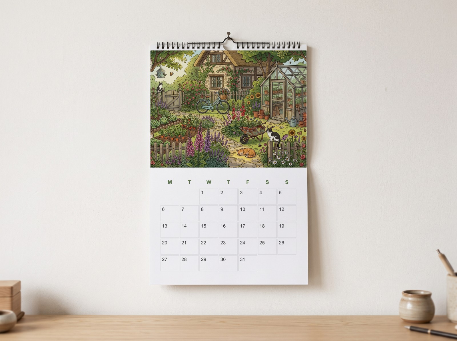 Wall Calendar Hanging on a White Wall Above a Desk showing a garden calendar page
