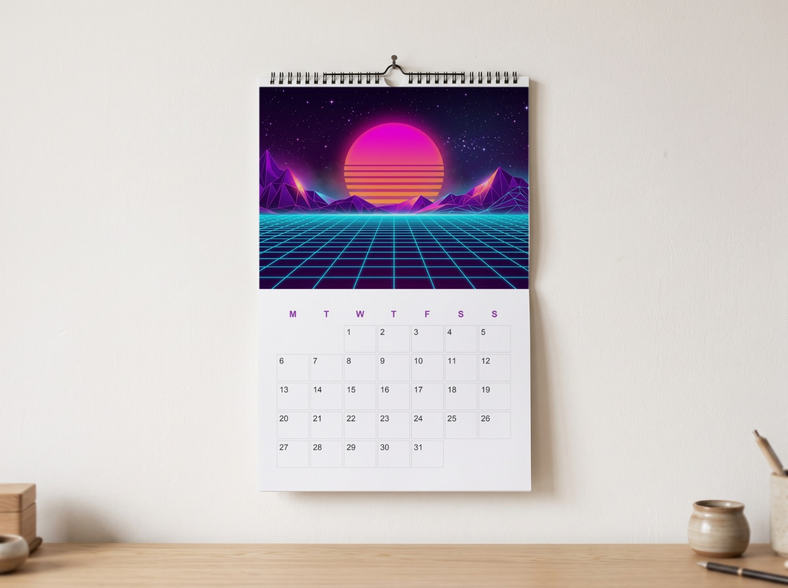 Wall Calendar Hanging on a White Wall Above a Desk showing a neon calendar page