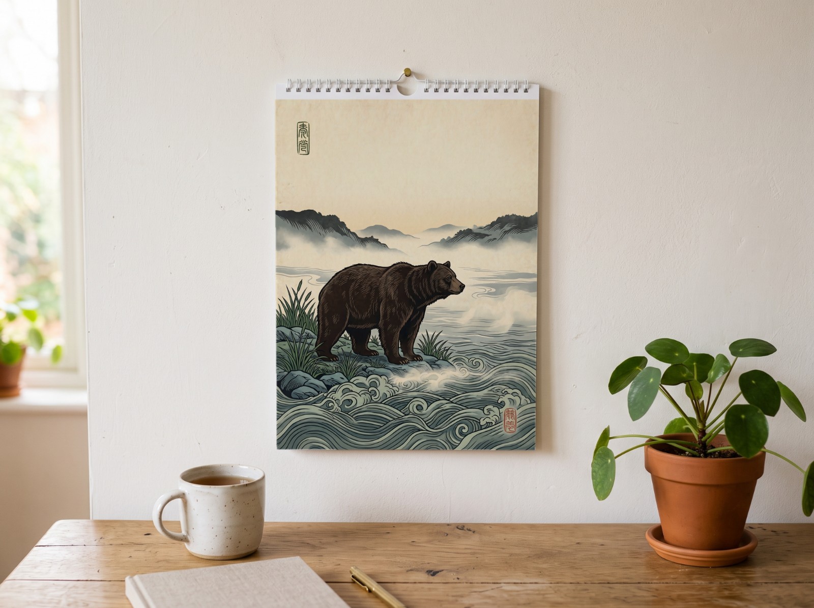 Wall Calendar Mockup Hanging Above a Wooden Desk example