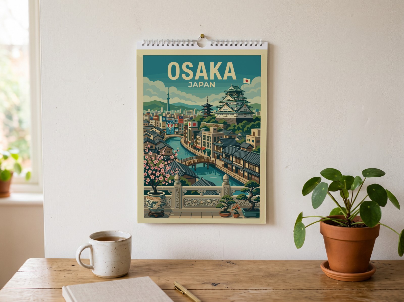 Wall Calendar Hanging Above a Wooden Desk showing the Osaka Japan travel print