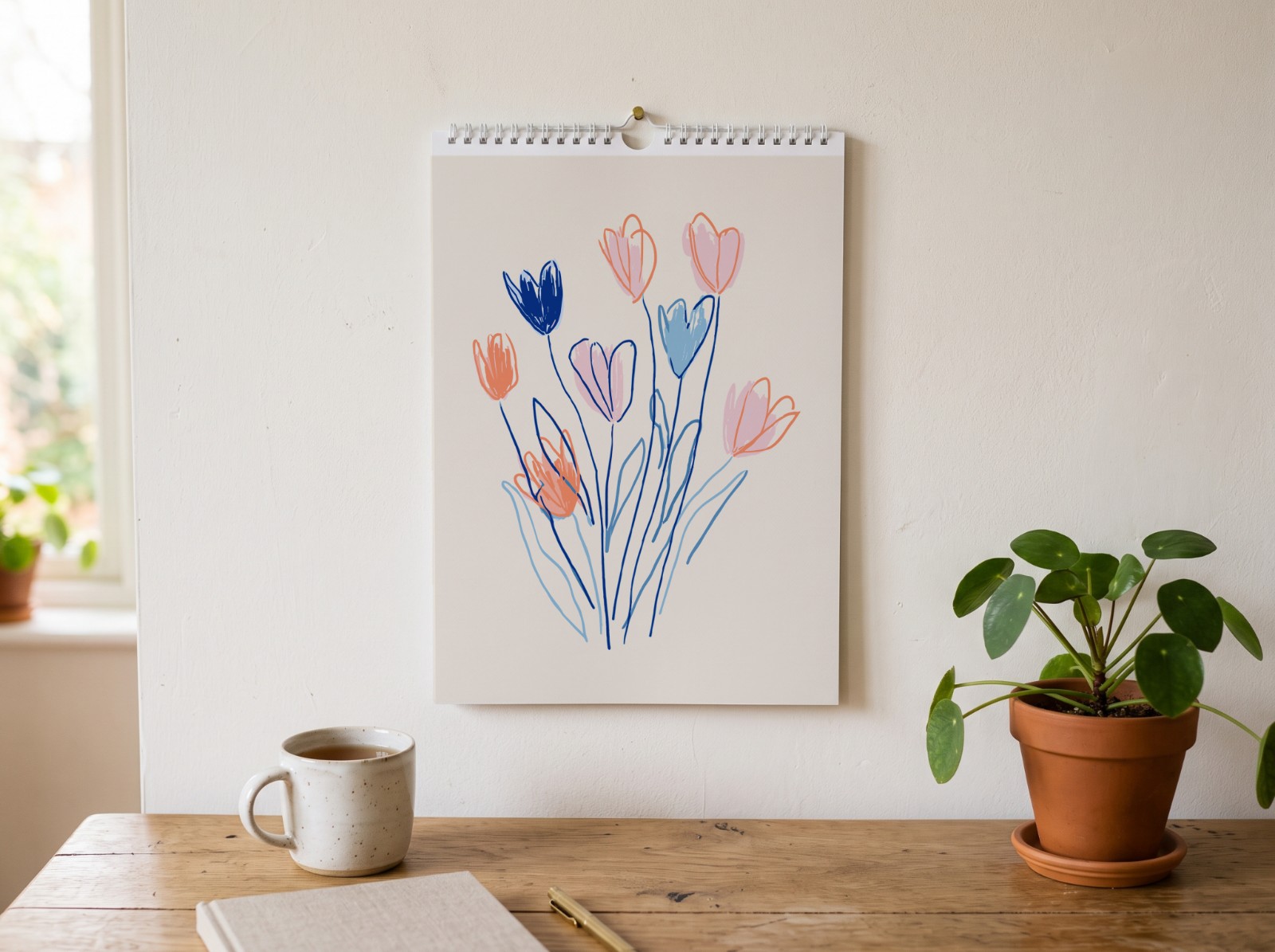 Wall Calendar Hanging Above a Wooden Desk showing the hand-drawn Flowers artwork