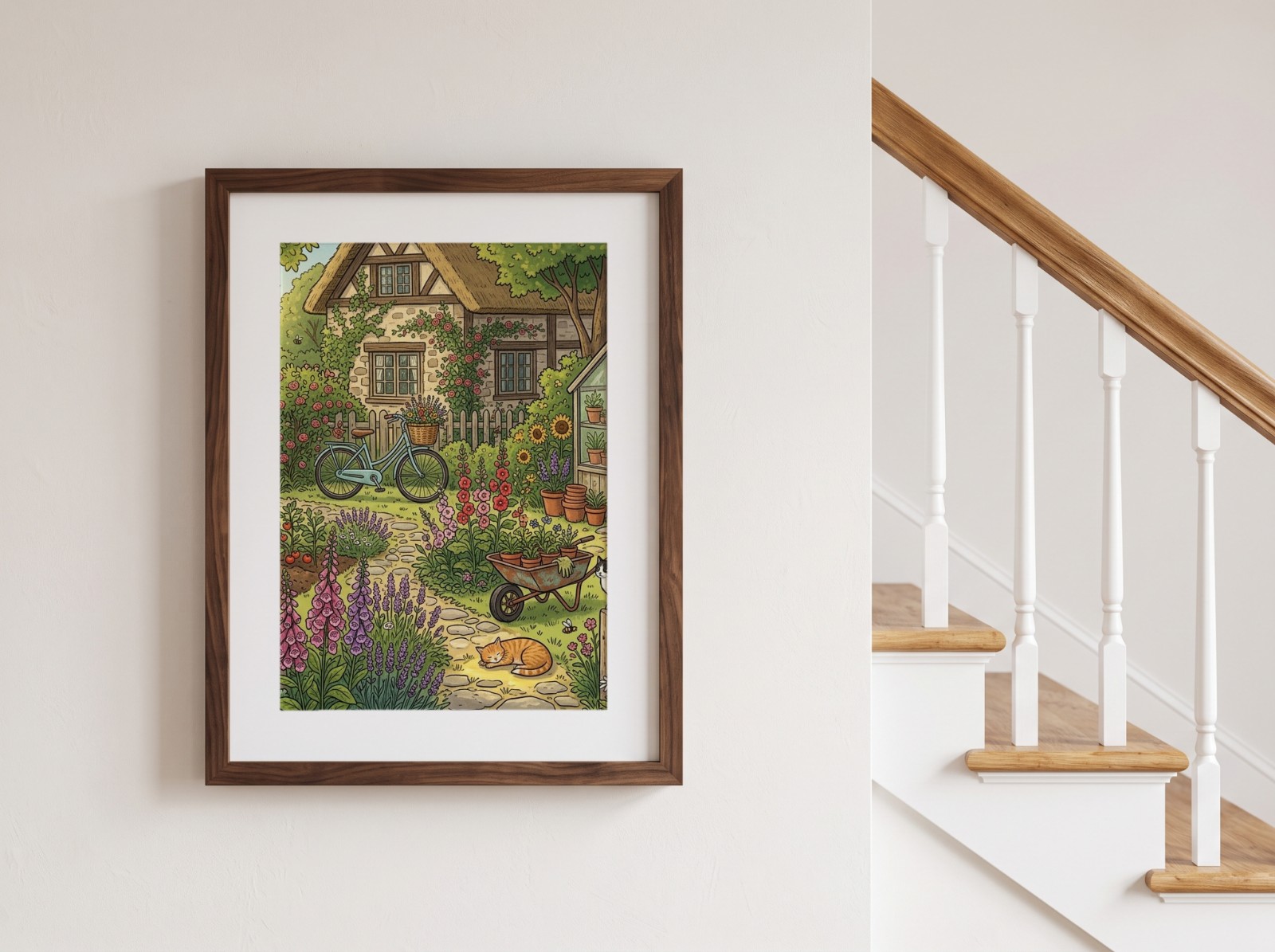 Walnut Frame Mockup with a White Mat beside a Staircase example