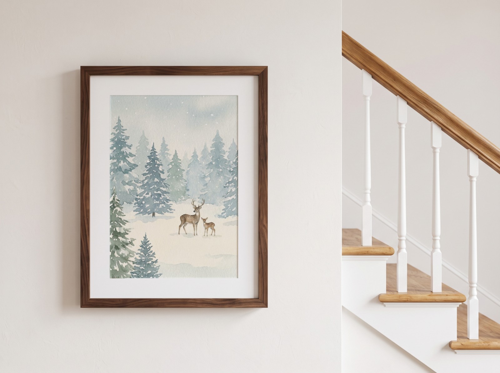 Walnut Frame with a White Mat beside a Staircase showing a winter forest painting