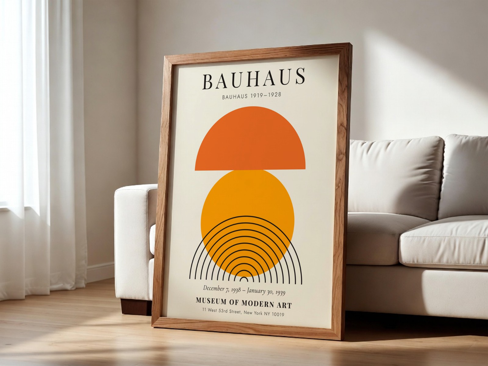 Walnut Frame Leaning by White Sofa showing a Bauhaus sun print