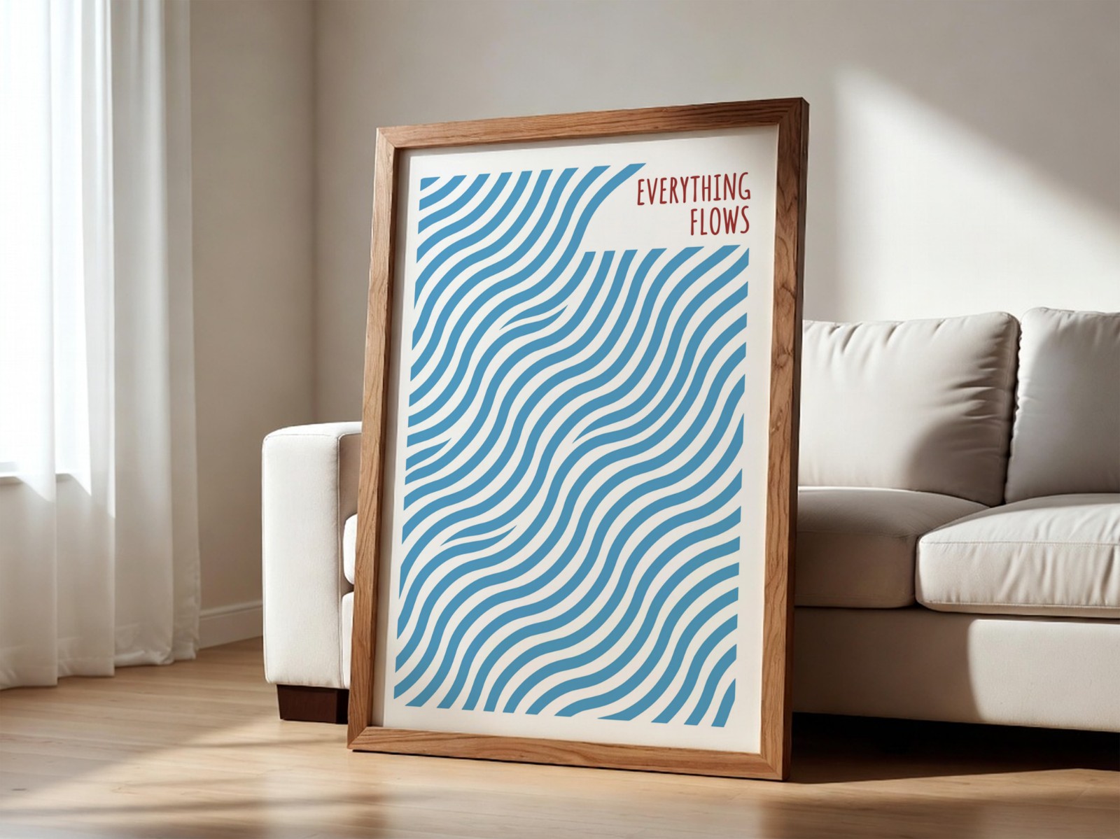 Walnut Frame Leaning by White Sofa showing an Everything Flows wave print