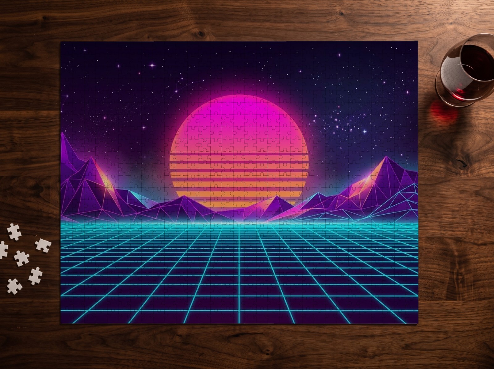 1000 Piece Jigsaw Puzzle on a Walnut Coffee Table showing a neon synthwave landscape