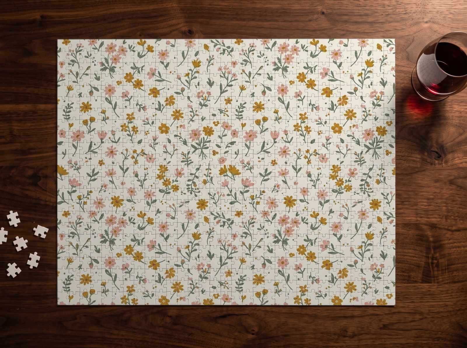 1000 Piece Jigsaw Puzzle on a Walnut Coffee Table showing a ditsy wildflower pattern