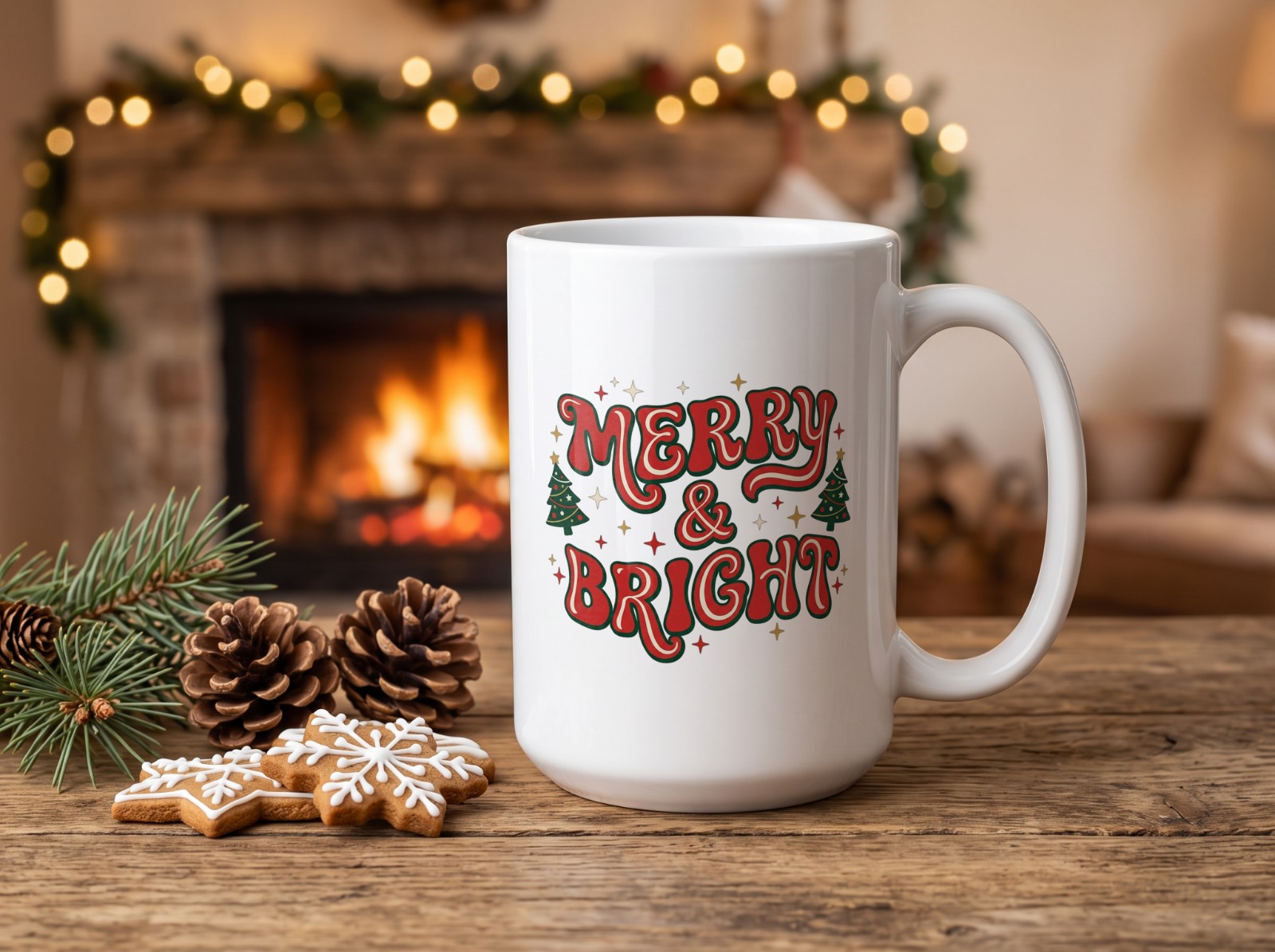 White 15 oz Christmas Mug by a Fireplace with Gingerbread showing a retro Merry & Bright design