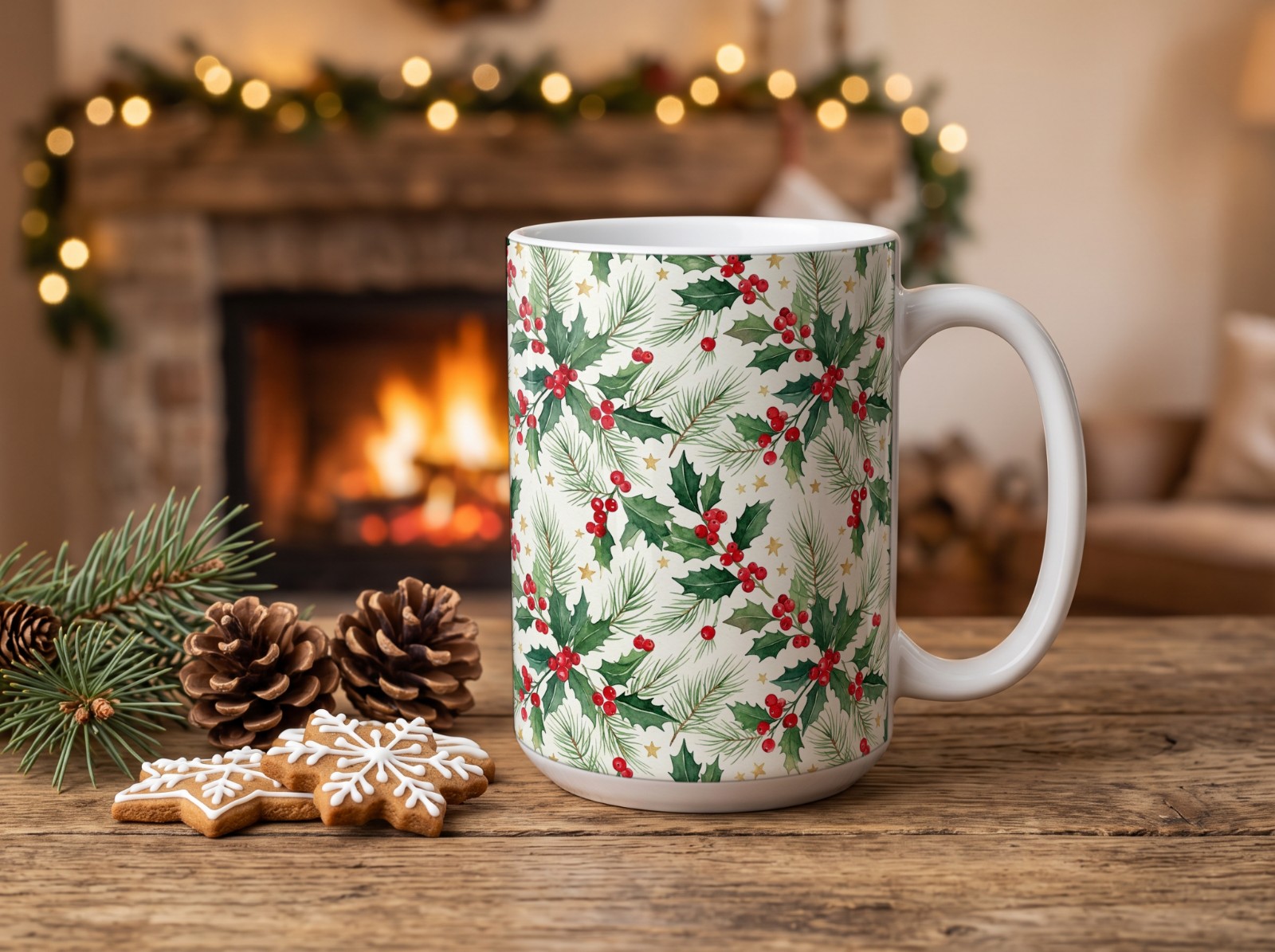 White 15 oz Christmas Mug by a Fireplace with Gingerbread showing a watercolour holly and pine pattern
