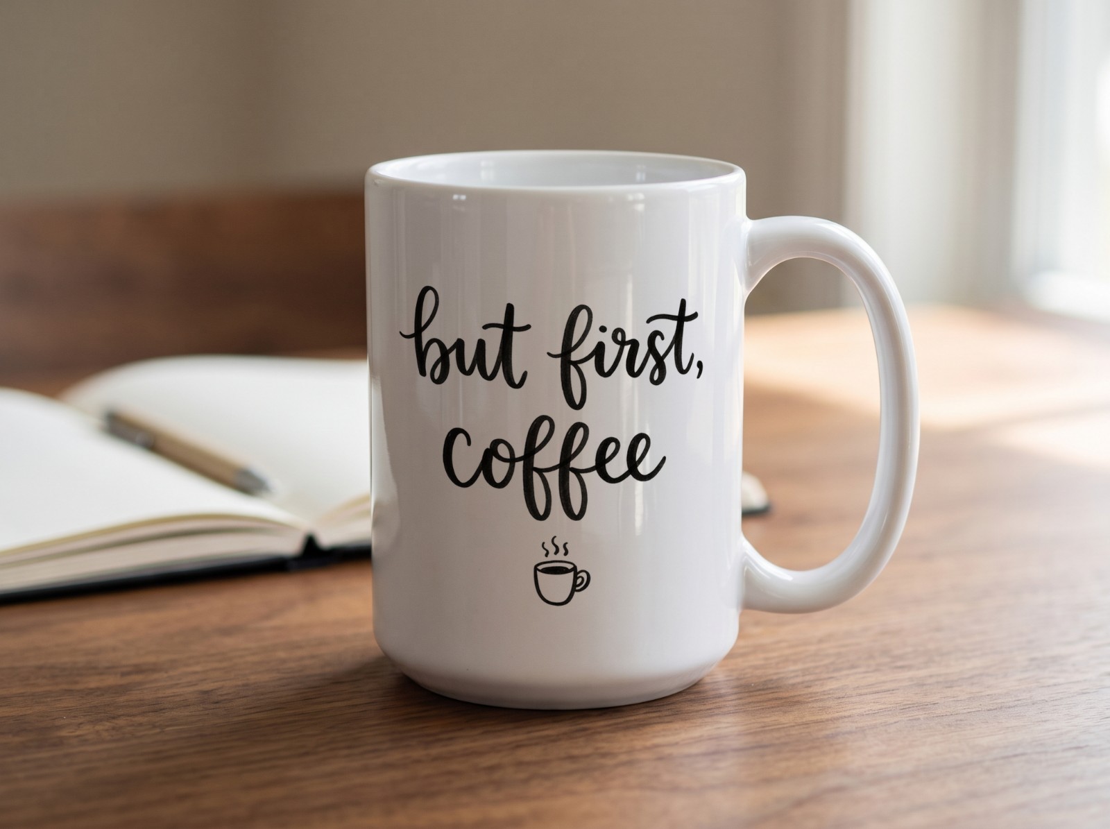 15 oz White Mug Mockup on a Walnut Desk with a Notebook example