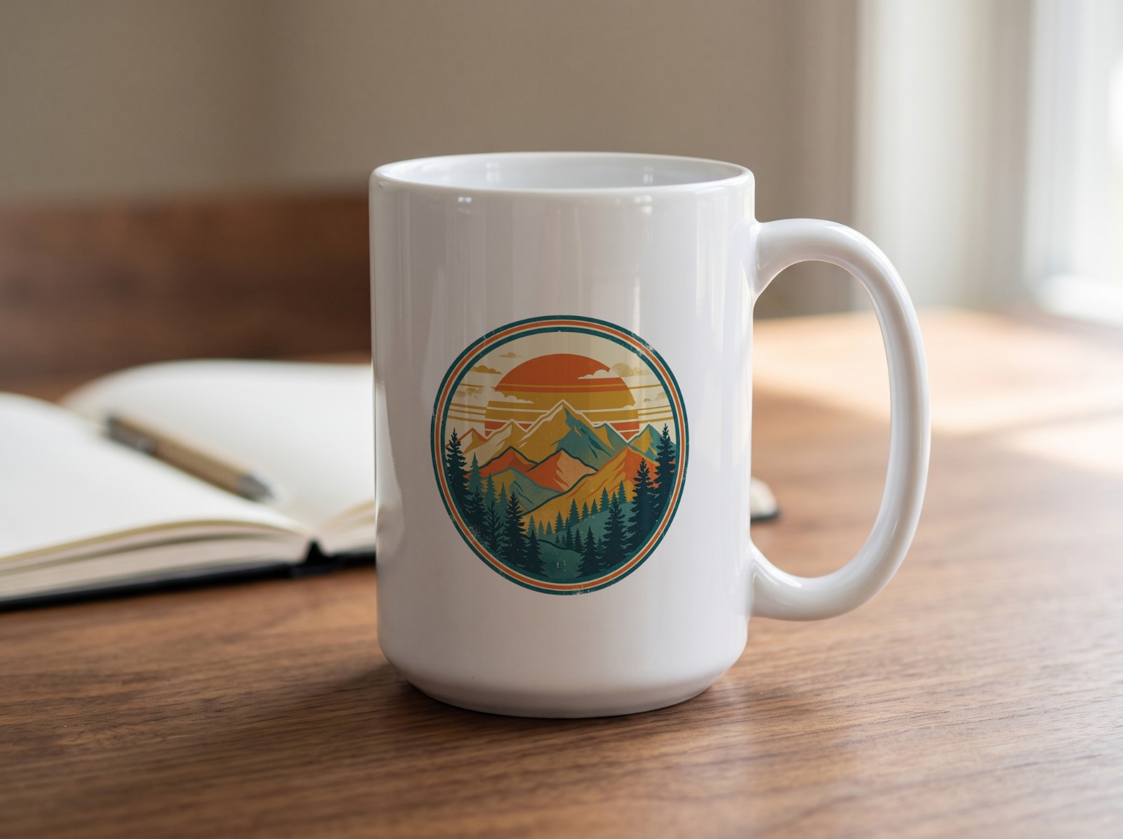 15 oz White Mug on a Walnut Desk with a Notebook showing a retro mountain sunset badge