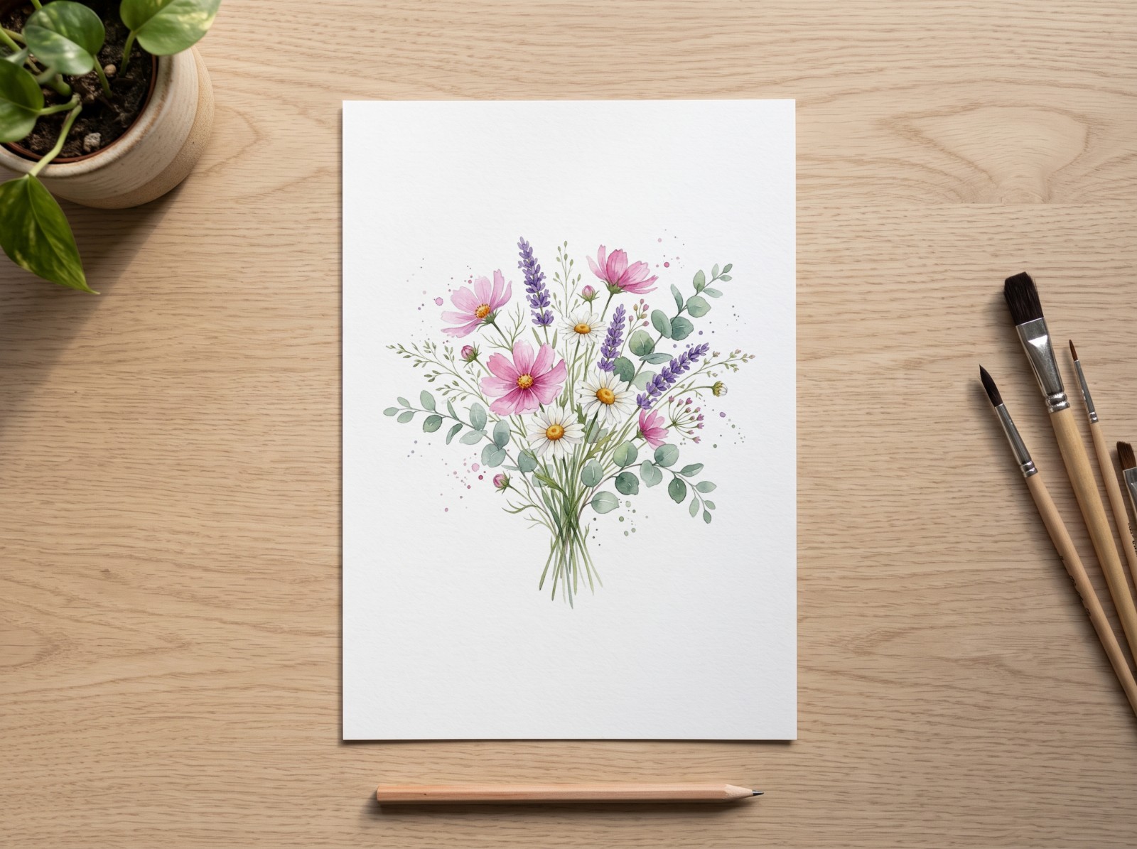 White A4 Art Print on an Oak Desk with Brushes showing a watercolour wildflower bouquet