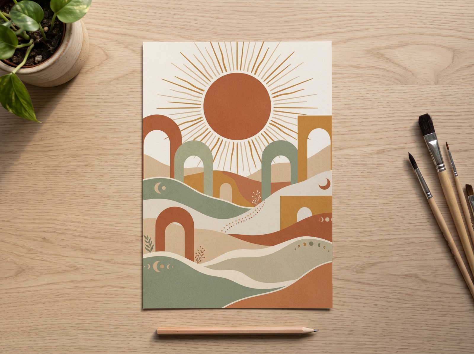 White A4 Art Print on an Oak Desk with Brushes showing a boho sun wall art