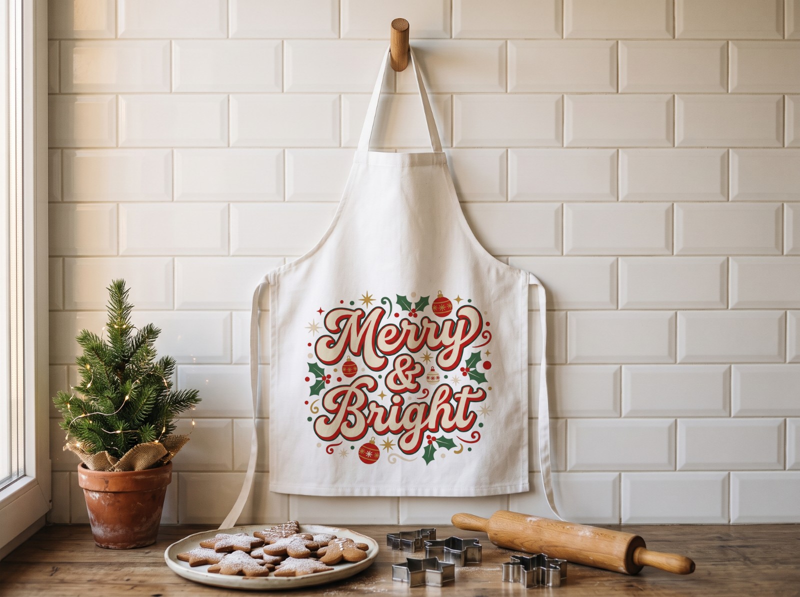 White Apron Christmas in a Baking Kitchen with Gingerbread showing a retro Merry & Bright design