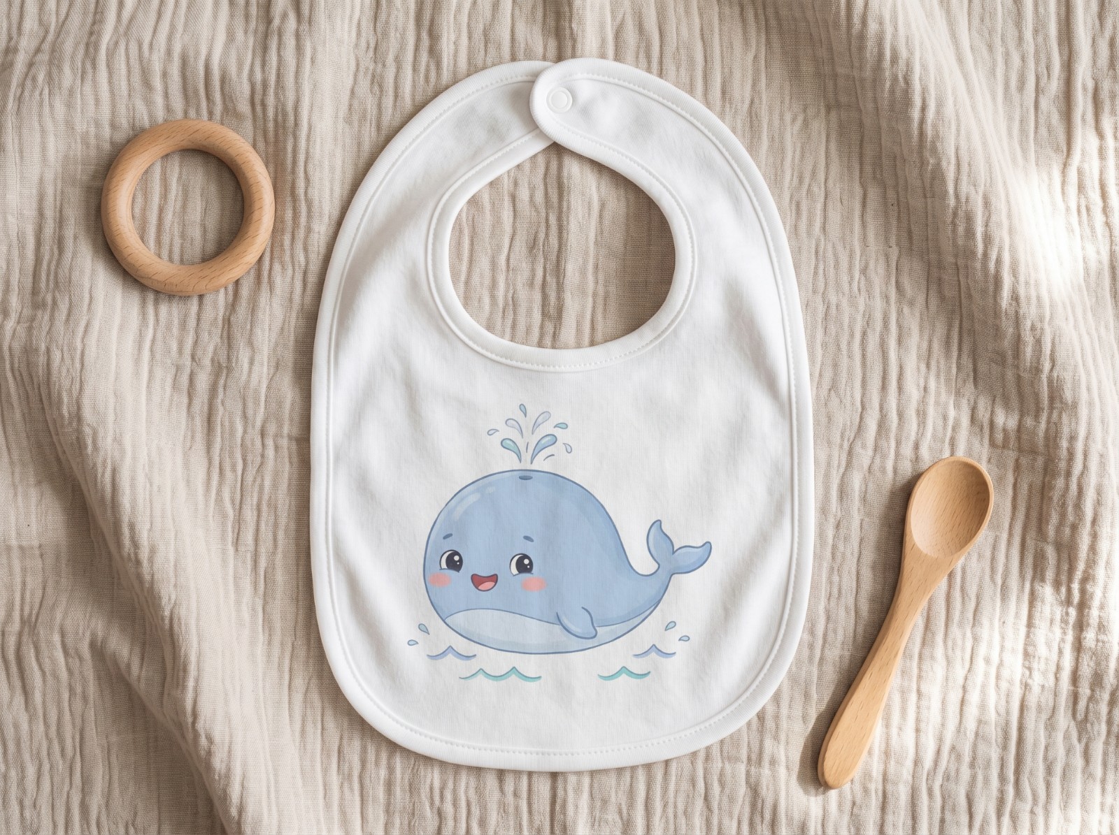 White Baby Bib Flat Lay on Muslin with a Teether showing a cute baby whale