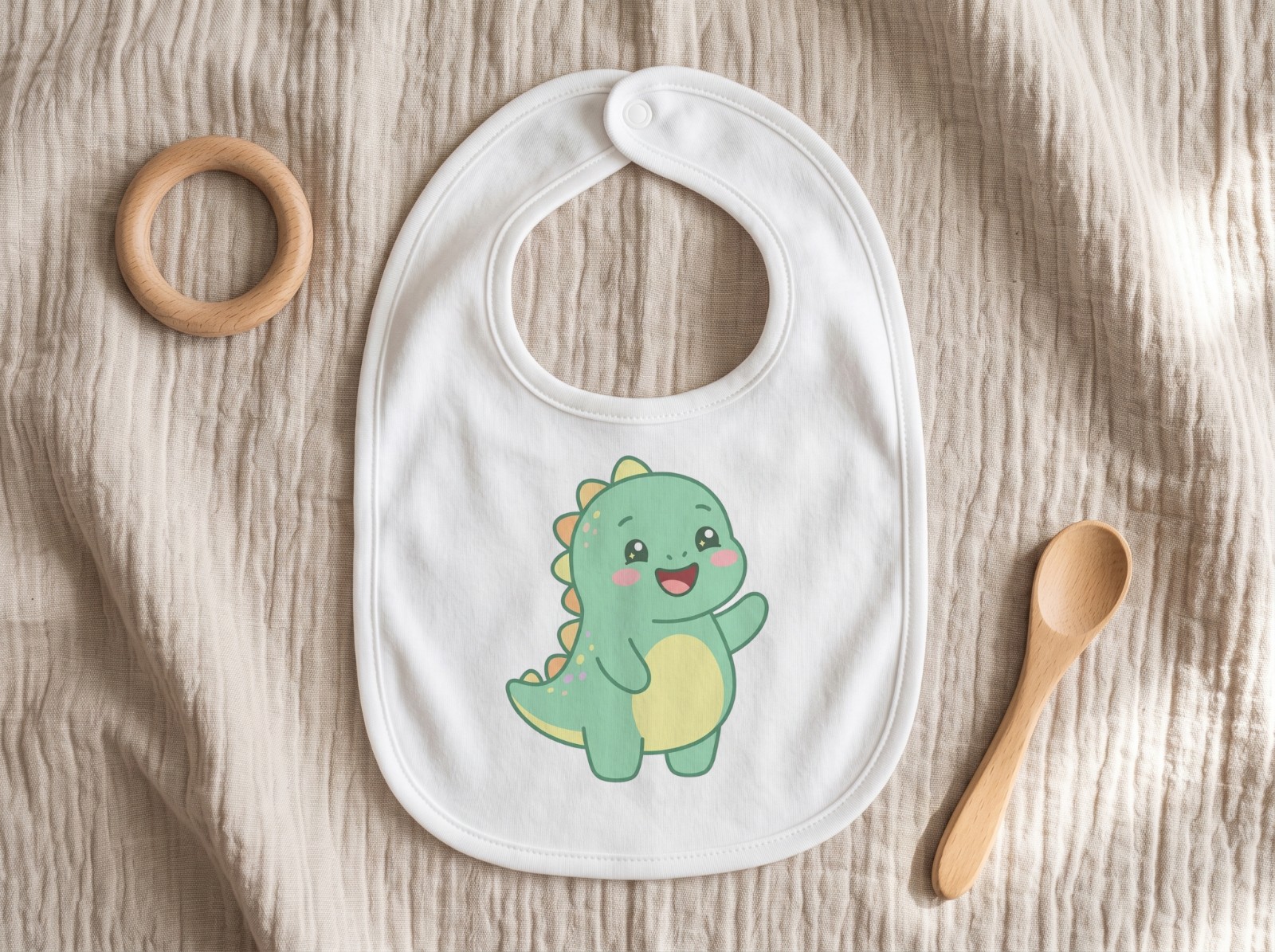 White Baby Bib Flat Lay on Muslin with a Teether showing a cute baby dinosaur