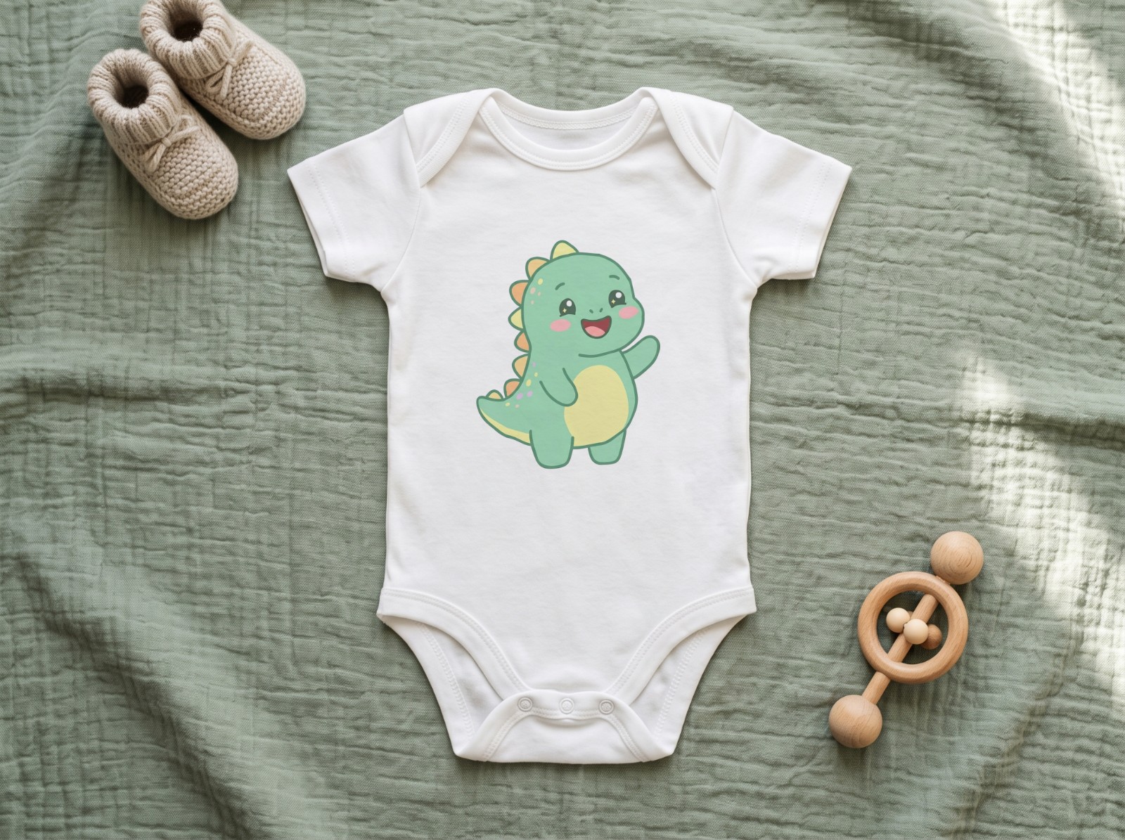White Baby Bodysuit Mockup on a Sage Blanket with Booties example