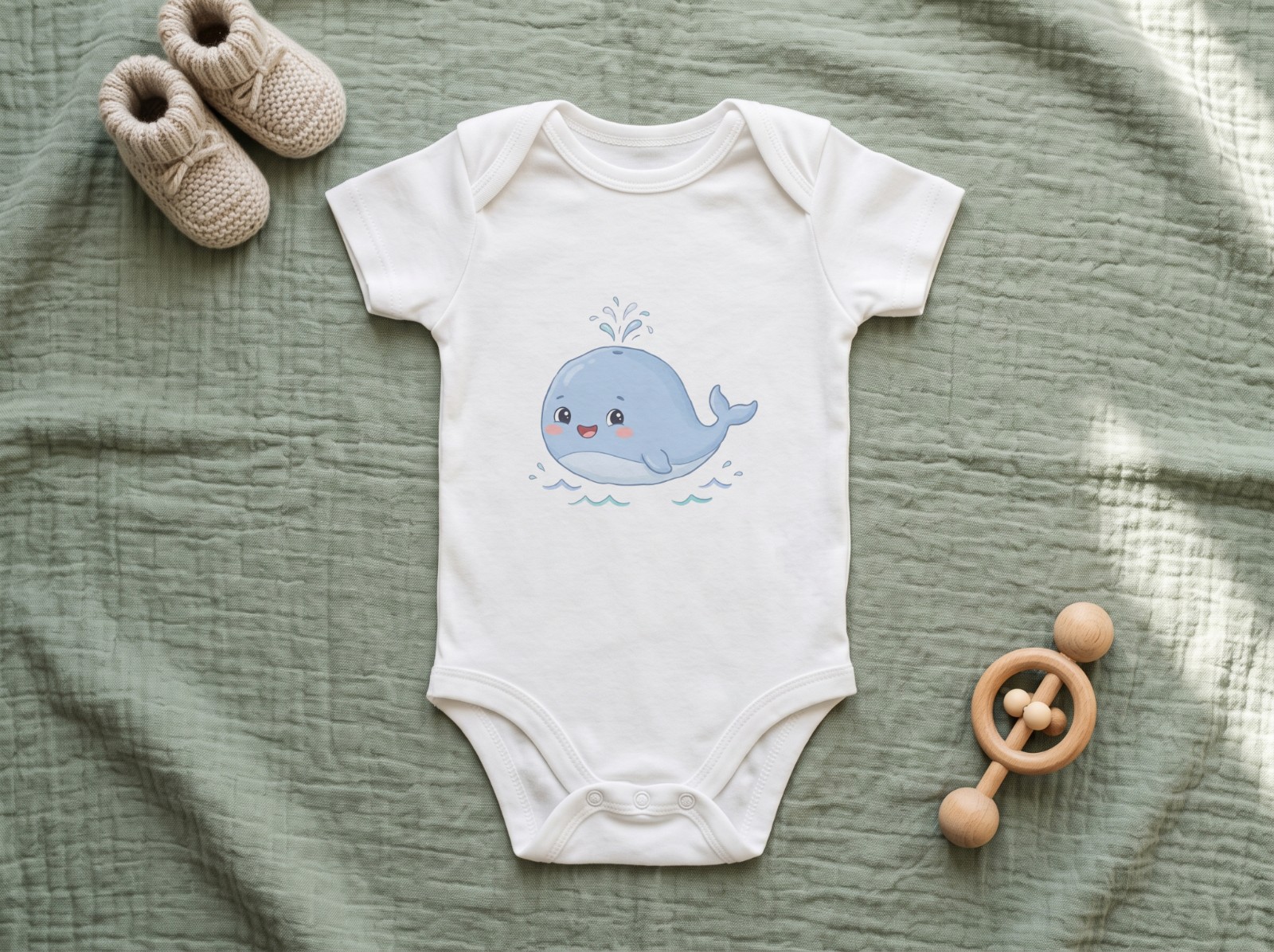 White Baby Bodysuit on a Sage Blanket with Booties showing a cute baby whale