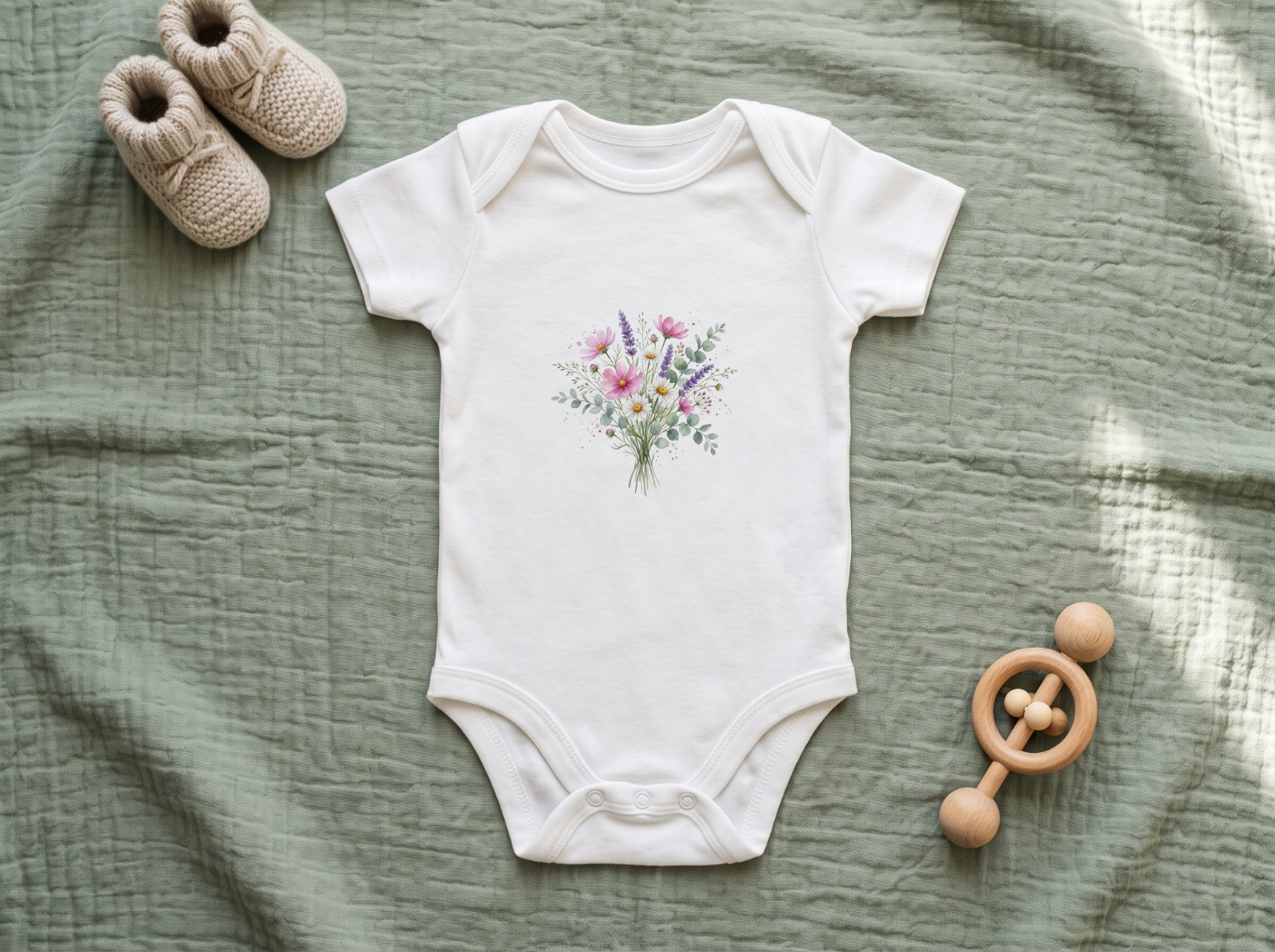 White Baby Bodysuit on a Sage Blanket with Booties showing a watercolour wildflower bouquet